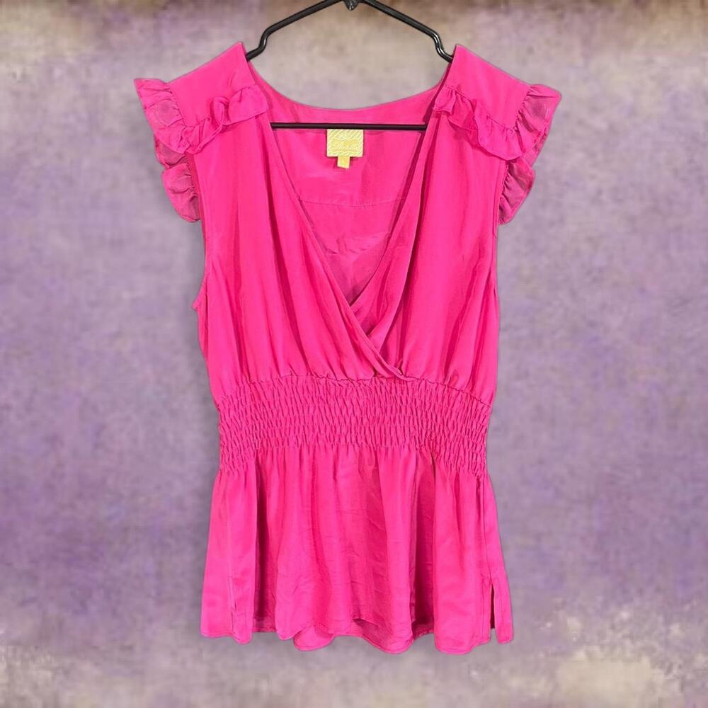 Pink silk blouse with ruffled sleeves